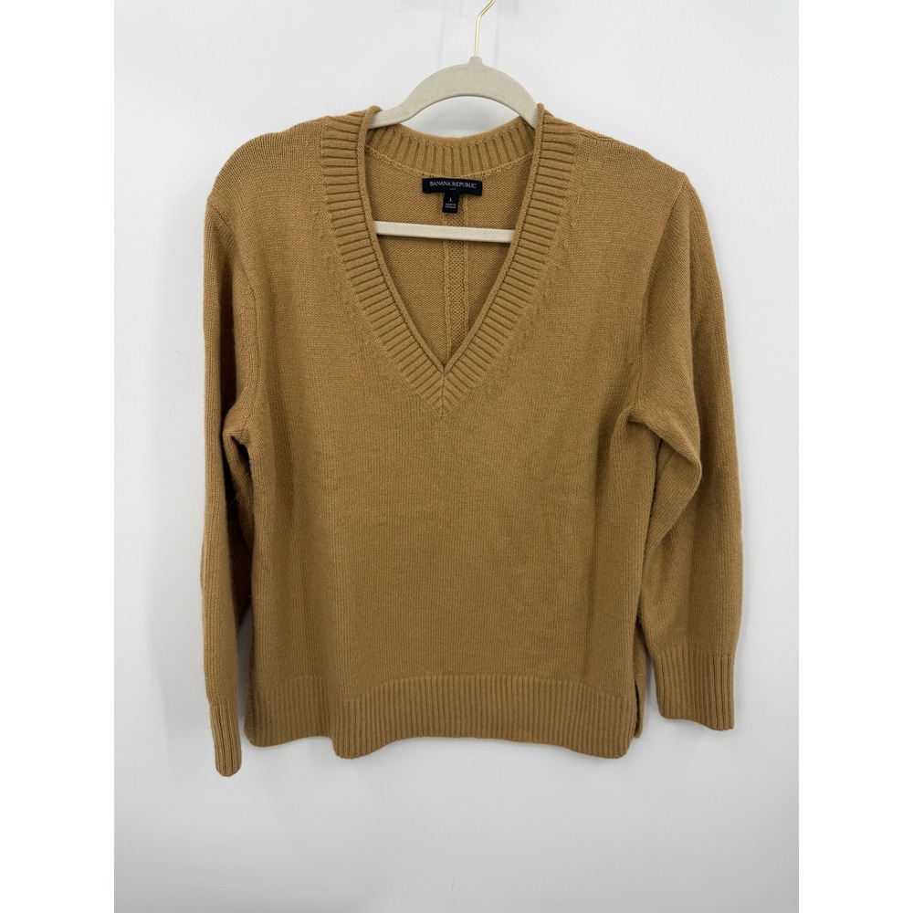 Banana Republic V-Neck Sweater Women Large Brown Knit Long Sleeve Side Slits